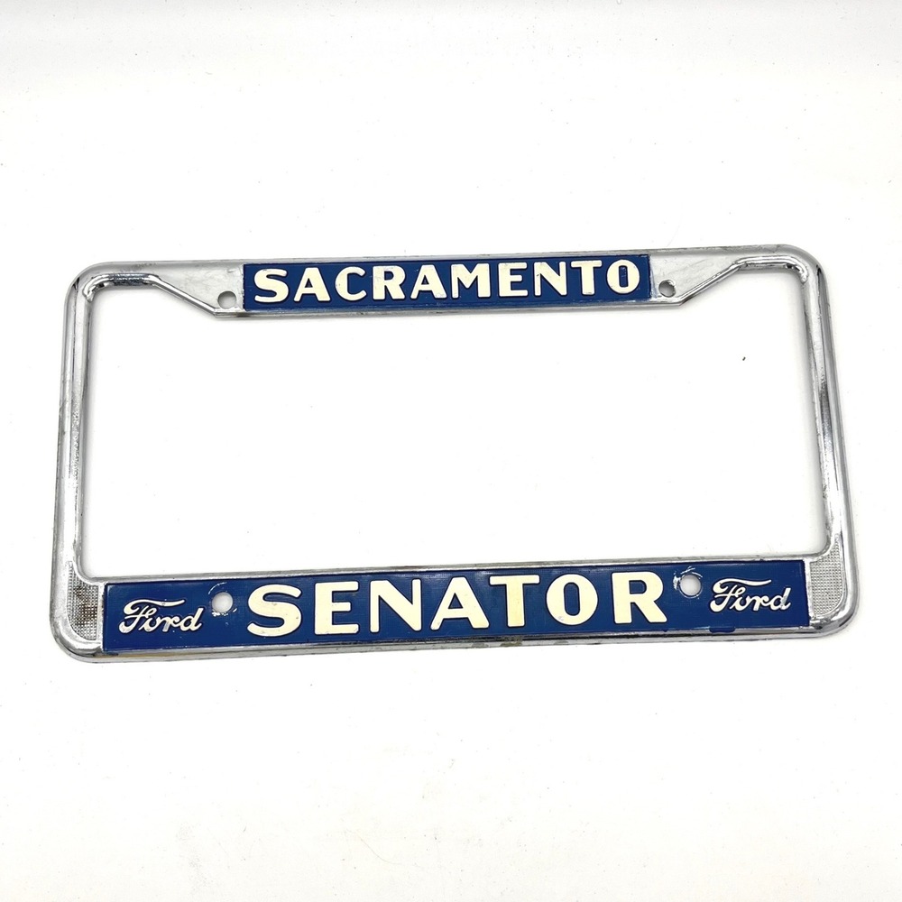 Vintage Sacramento Senator Ford License Plate Frame Chrome Blue White Metal